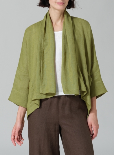 Silk Linen Shawl Collar Open Front Cropped Jacket