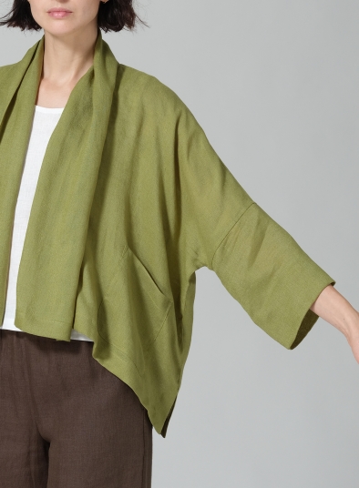 Silk Linen Shawl Collar Open Front Cropped Jacket