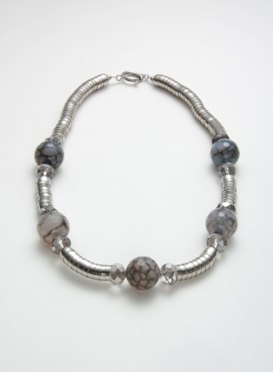 Gray Resin Beads With Metal Strand Necklace