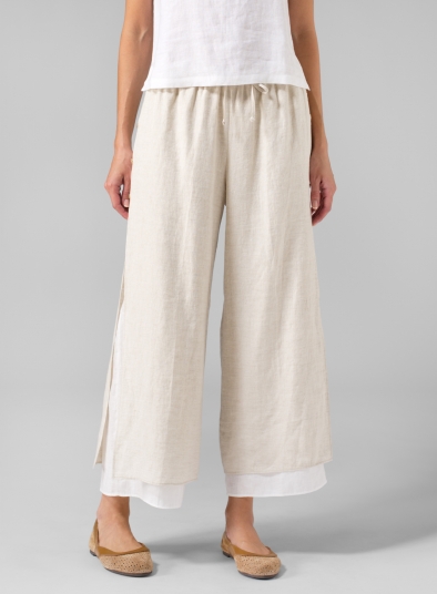 Linen Double-Layer Cropped Pants With Sea Shell Button