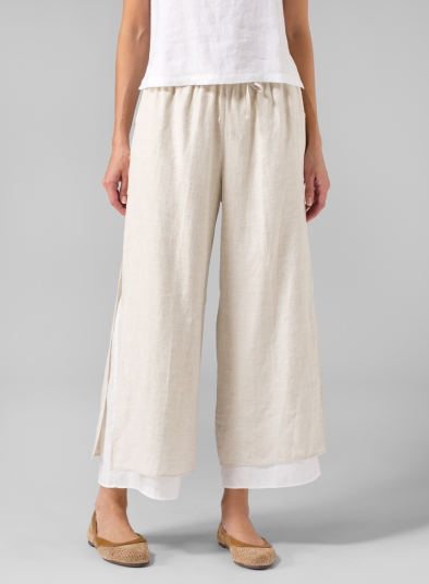 Linen Double-Layer Cropped Pants With Sea Shell Button