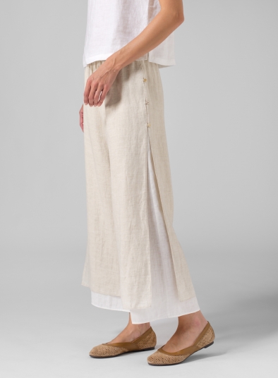 Linen Double-Layer Cropped Pants With Sea Shell Button