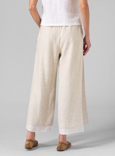 Linen Double-Layer Cropped Pants With Sea Shell Button