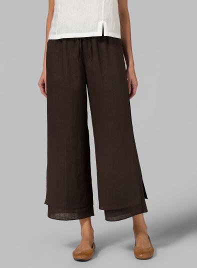 Linen Double-Layer Cropped Pants With Sea Shell Button