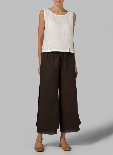 Linen Double-Layer Cropped Pants With Sea Shell Button