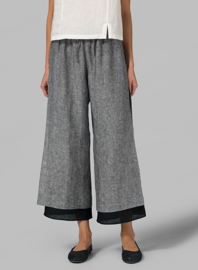 Linen Double-Layer Cropped Pants With Sea Shell Button