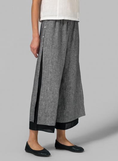 Linen Double-Layer Cropped Pants With Sea Shell Button