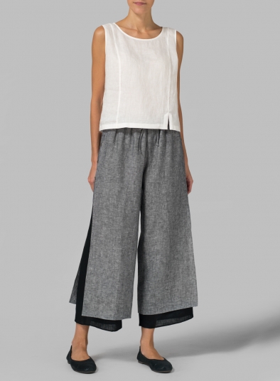 Linen Double-Layer Cropped Pants With Sea Shell Button