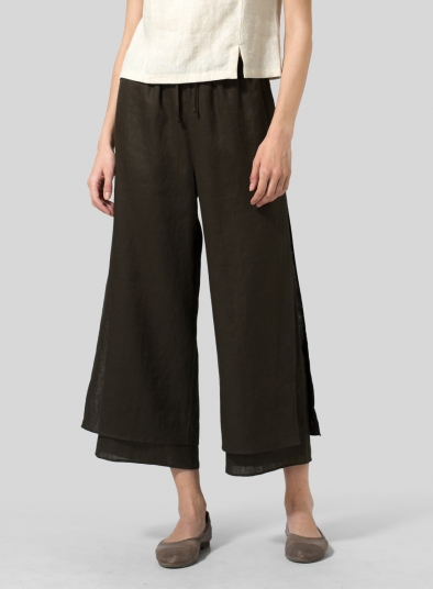 Linen Double-Layer Cropped Pants With Sea Shell Button