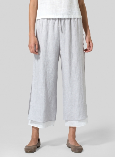 Linen Double-Layer Cropped Pants With Sea Shell Button