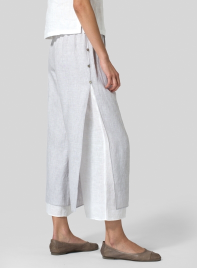 Linen Double-Layer Cropped Pants With Sea Shell Button