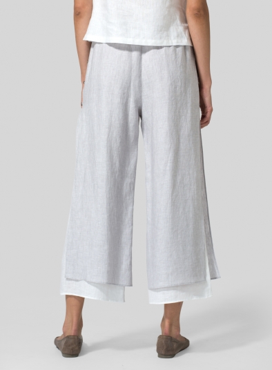 Linen Double-Layer Cropped Pants With Sea Shell Button