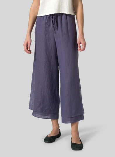 Linen Double-Layer Cropped Pants With Sea Shell Button