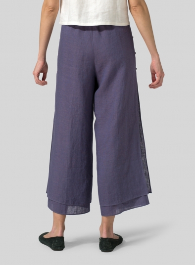 Linen Double-Layer Cropped Pants With Sea Shell Button