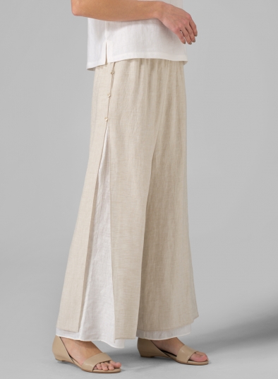 Linen Double Layers Pants With Sea Shell Button - Plus Size