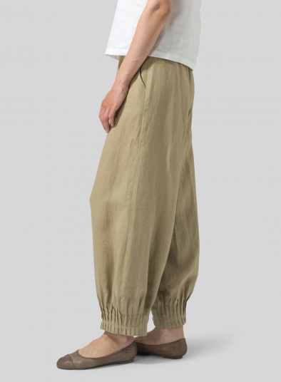 Linen Pleated Cuff Ankle Length Pants