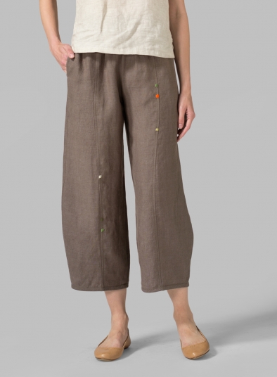Linen Embroidered Crop Pants - Plus Size