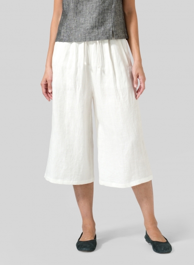 Off White Linen Straight Elastic Cropped Pants Set