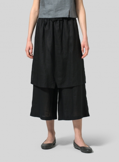 Linen Two-Layer Drawstring Long Culottes