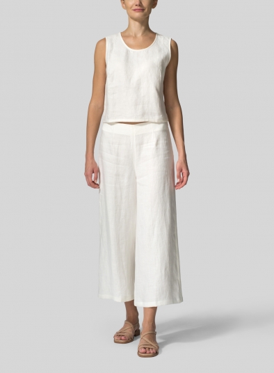 Linen Mid-Waisted Wide Leg Ankle Twill Pants