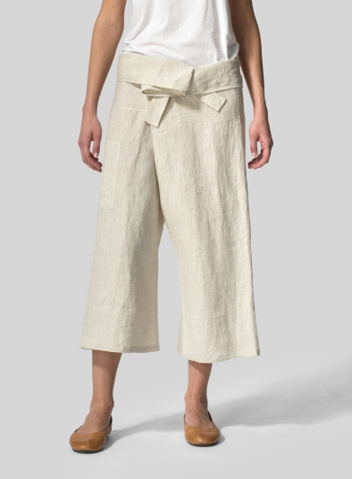 Linen Thai Style Tie Loose Cropped Pants