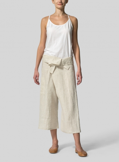 Linen Thai Style Tie Loose Cropped Pants