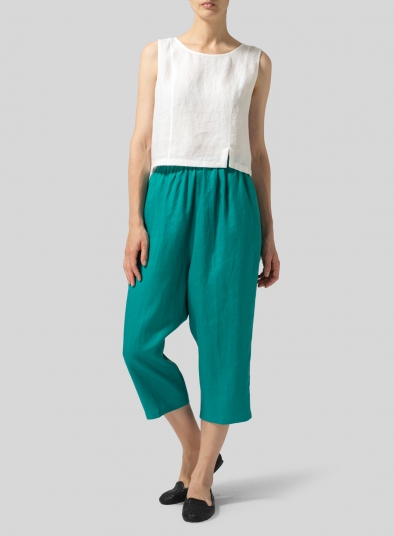 Twill Linen Cropped Baggy Pants