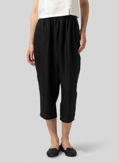 Twill Linen Cropped Baggy Pants