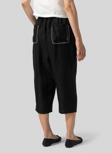 Twill Linen Cropped Baggy Pants
