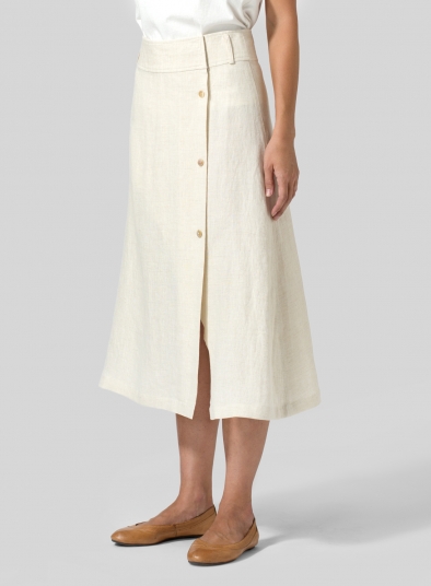 Linen Side-Button A-Line Skirt