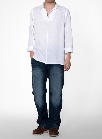 Linen Open V-Collar Long Sleeve Men Shirt
