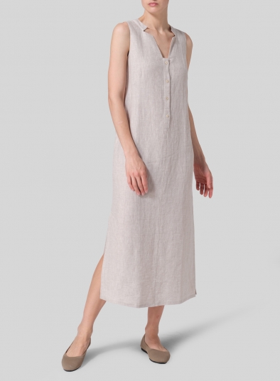 Linen Straight Cut and Front Placket Opening Long Dress