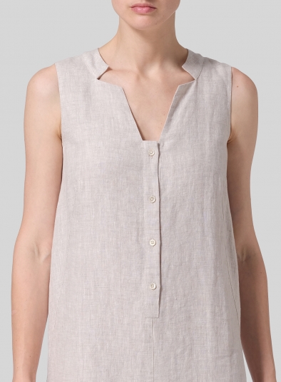 Linen Straight Cut and Front Placket Opening Long Dress