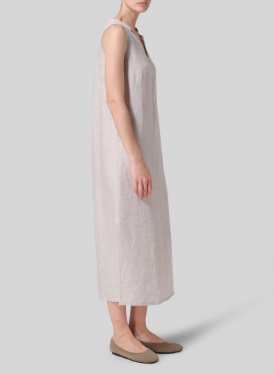 Linen Straight Cut and Front Placket Opening Long Dress