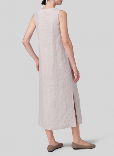 Linen Straight Cut and Front Placket Opening Long Dress