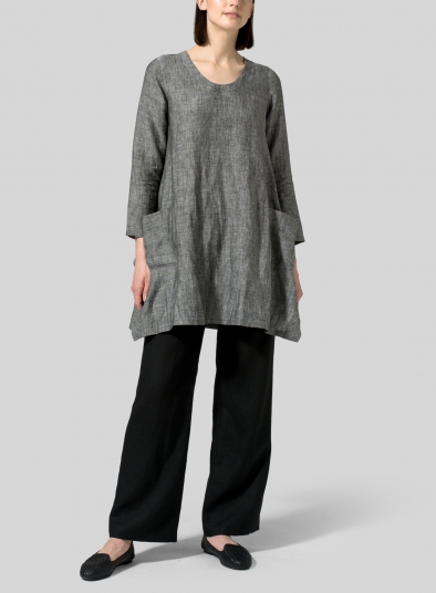 Two Tone Black Linen Long Sleeve Top - Plus Size