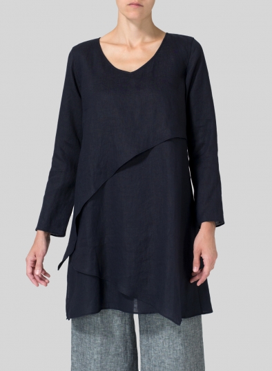 Dark Navy Linen Layering V-neck Tunic