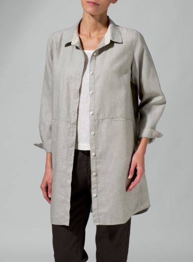 Linen Cotton Contrast Fold Over Collar Shirt