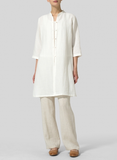 Linen Mandarin Collar Simple Long Blouse