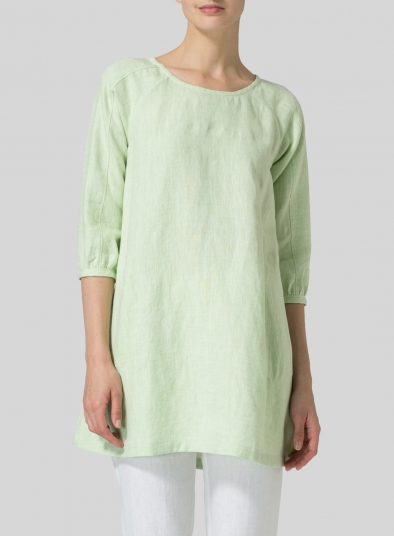 Two Tone Light Green Linen Elbow Sleeve Tunic