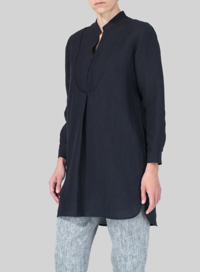 Linen Tuxedo Front Long Blouse