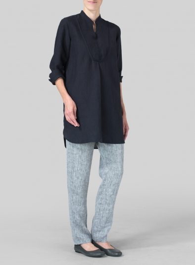 Linen Tuxedo Front Long Blouse