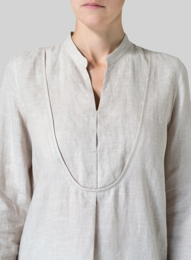 Linen Tuxedo Front Long Blouse