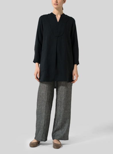 Black Linen Tuxedo Front Long Blouse