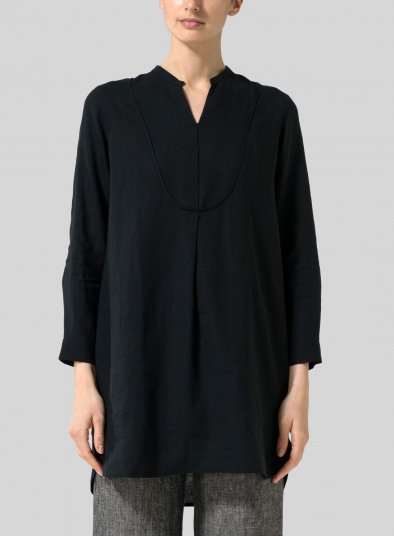 Linen Tuxedo Front Long Blouse