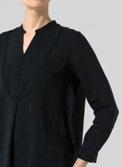 Linen Tuxedo Front Long Blouse