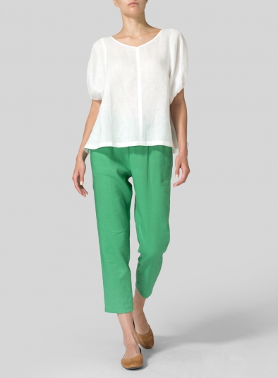 Linen Drawstring Cuffs Short Sleeve Top