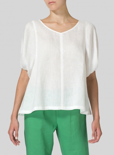 Linen Drawstring Cuffs Short Sleeve Top