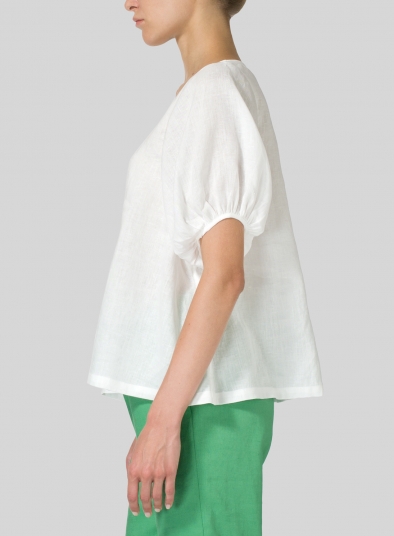 Linen Drawstring Cuffs Short Sleeve Top