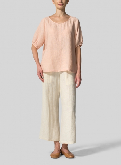 Linen Drawstring Cuffs Short Sleeve Top